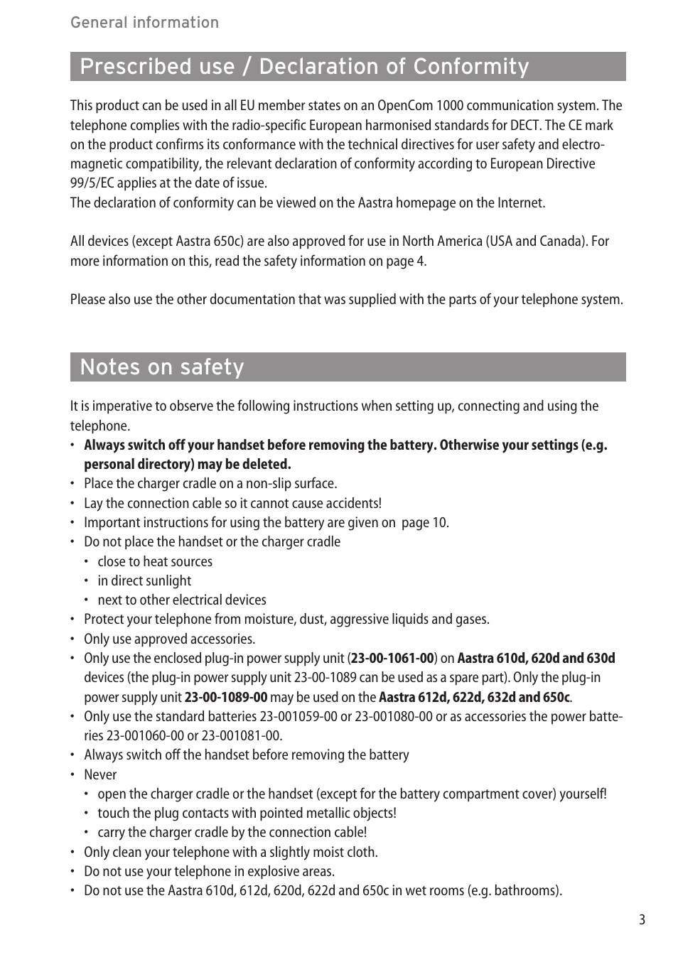 Prescribed use / declaration of conformity, Notes on safety | AASTRA 600c_d for OpenCom 1000 User Guide EN User Manual | Page 9 / 132