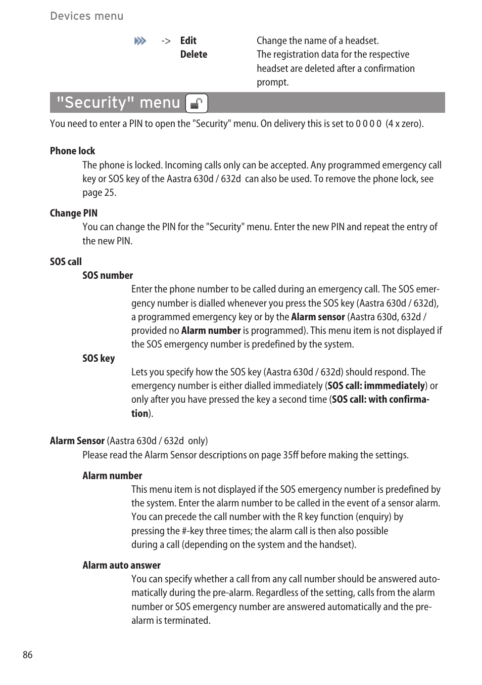 Security" menu, Settings" menu | AASTRA 600c_d for OpenCom 1000 User Guide EN User Manual | Page 92 / 132