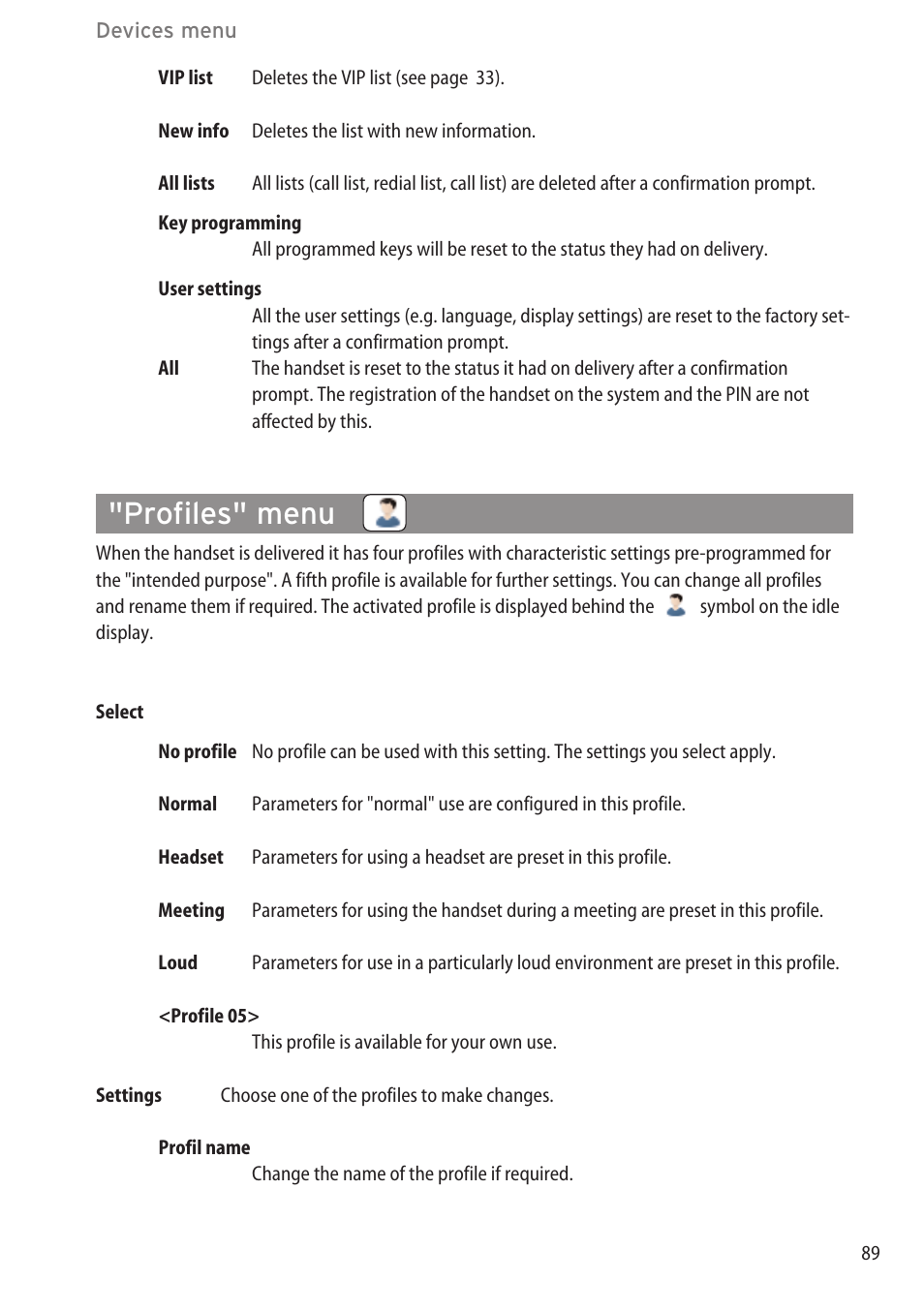 Profiles" menu, Security" menu, Profiles" menu ………………………………………………………………………89 | AASTRA 600c_d for OpenCom 1000 User Guide EN User Manual | Page 95 / 132