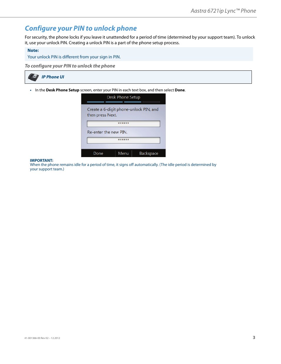 Configure your pin to unlock phone, To configure your pin to unlock the phone, Aastra 6721ip lync™ phone | AASTRA 6721ip Quick Start Guide EN User Manual | Page 5 / 8