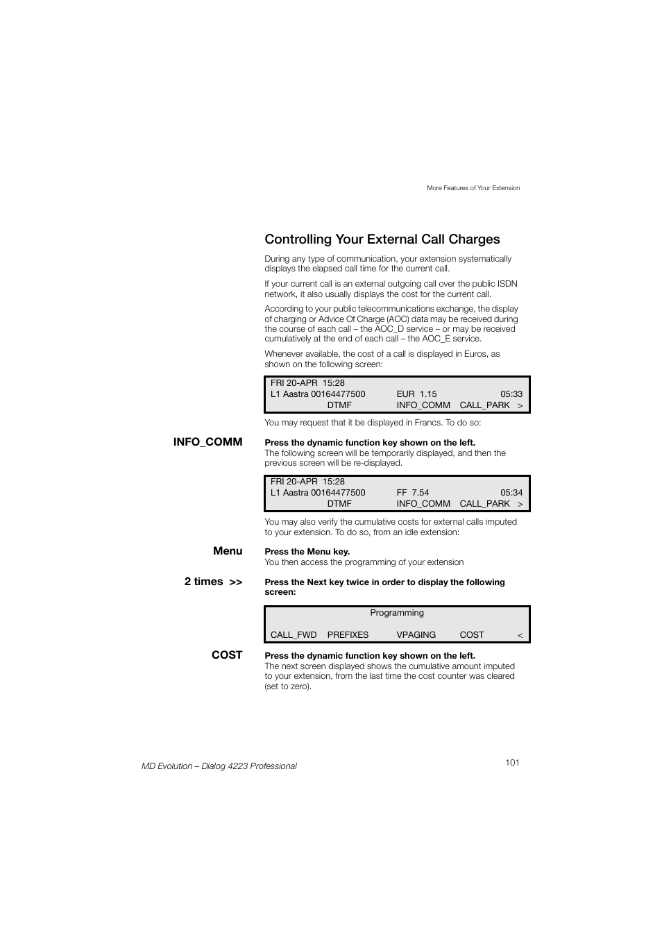 Controlling your external call charges | AASTRA 4223 Professional for MD Evolution User Guide User Manual | Page 101 / 165