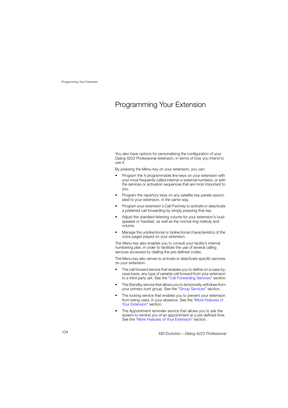 Programming your extension, Sect, Programming your | Extension, See the, Sectio, Programming, Your extension, E the | AASTRA 4223 Professional for MD Evolution User Guide User Manual | Page 104 / 165