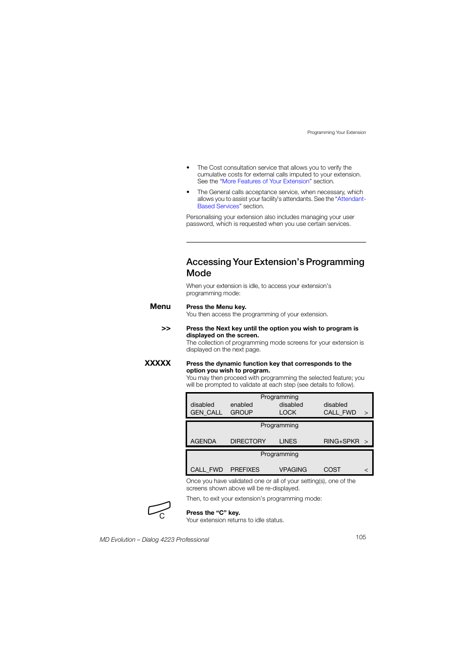 Accessing your extension’s programming mode | AASTRA 4223 Professional for MD Evolution User Guide User Manual | Page 105 / 165