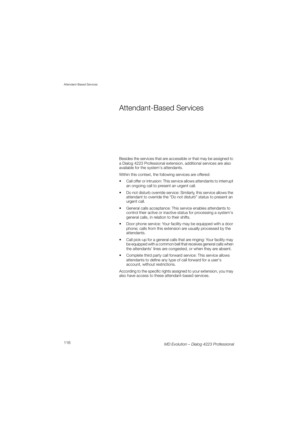 Attendant-based services, Sect, Attendant | Based services | AASTRA 4223 Professional for MD Evolution User Guide User Manual | Page 116 / 165