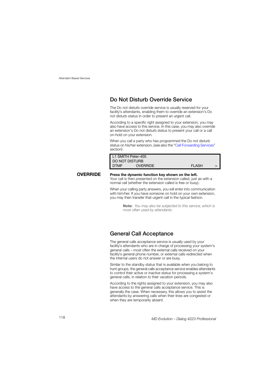 Do not disturb override service, General call acceptance | AASTRA 4223 Professional for MD Evolution User Guide User Manual | Page 118 / 165