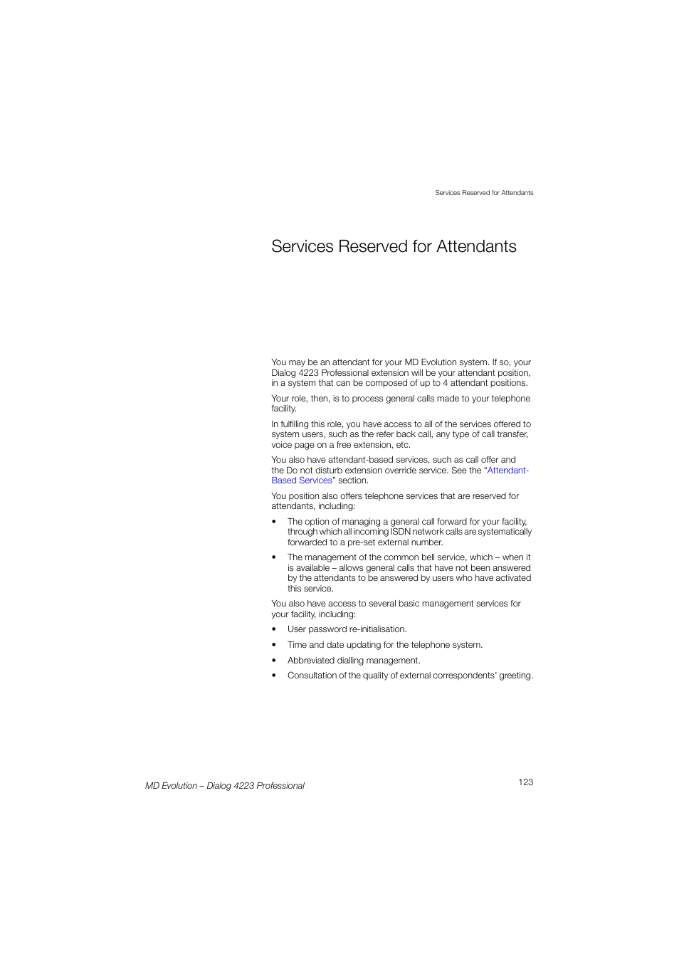 Services reserved for attendants, Services reserved for, Attendants | Sect | AASTRA 4223 Professional for MD Evolution User Guide User Manual | Page 123 / 165