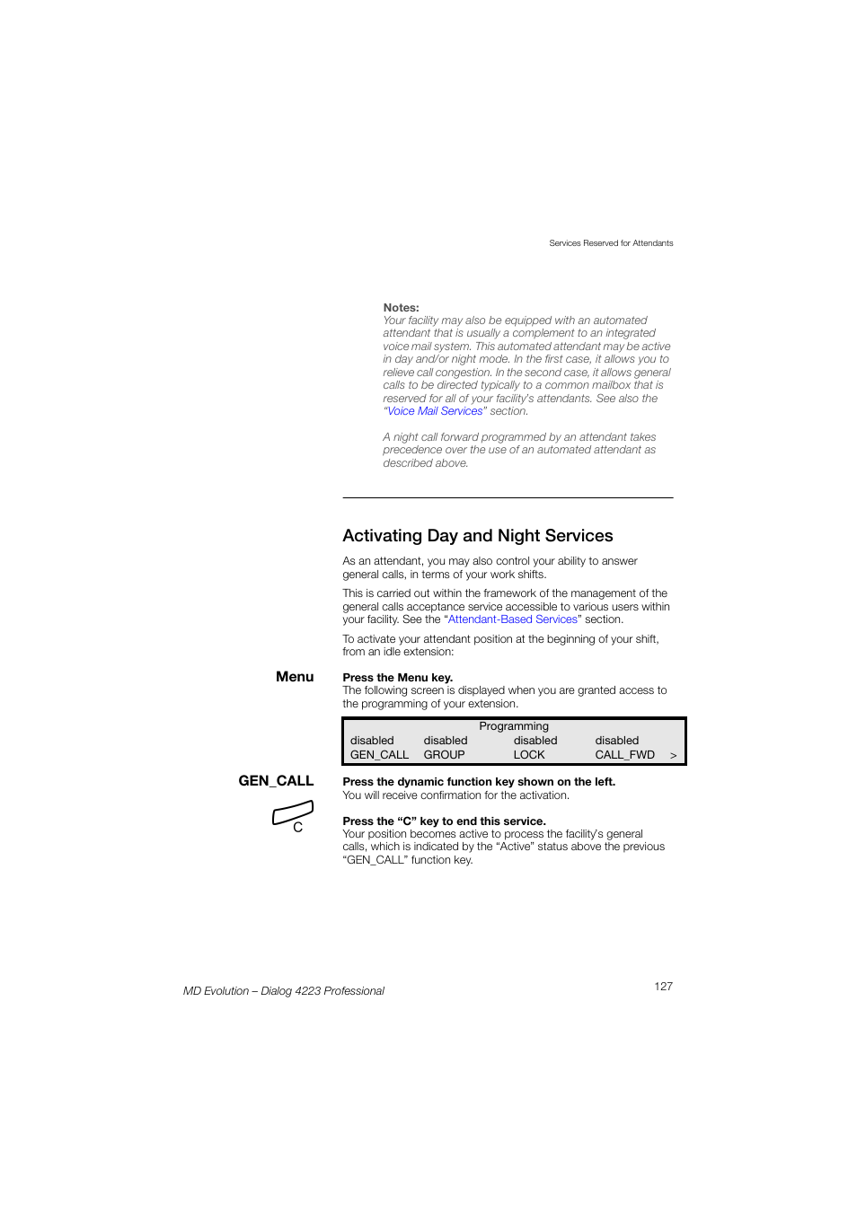Activating day and night services | AASTRA 4223 Professional for MD Evolution User Guide User Manual | Page 127 / 165