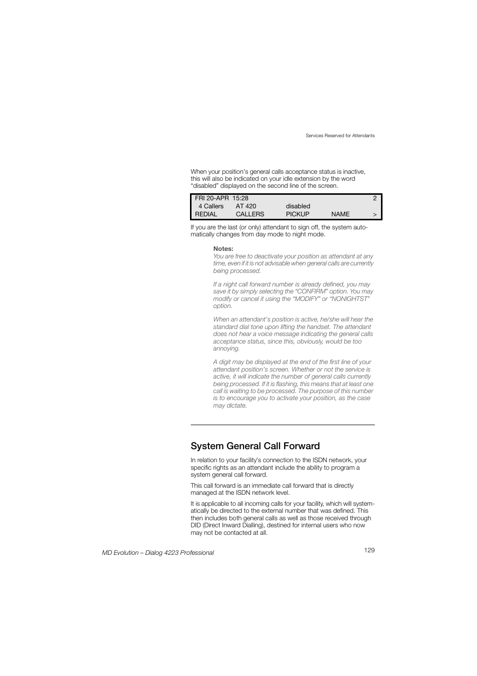 System general call forward | AASTRA 4223 Professional for MD Evolution User Guide User Manual | Page 129 / 165