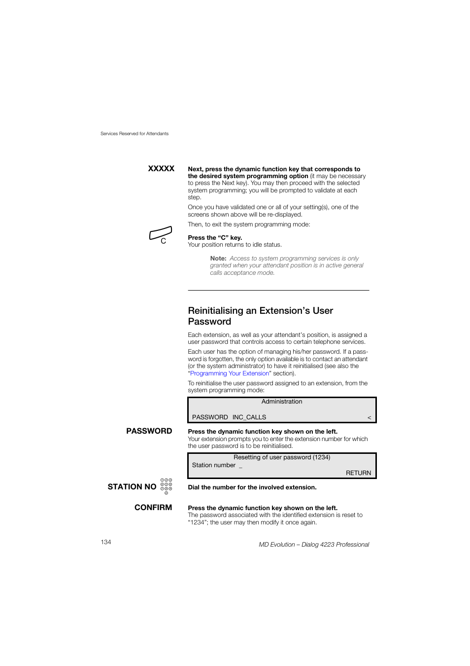 Reinitialising an extension’s user password | AASTRA 4223 Professional for MD Evolution User Guide User Manual | Page 134 / 165