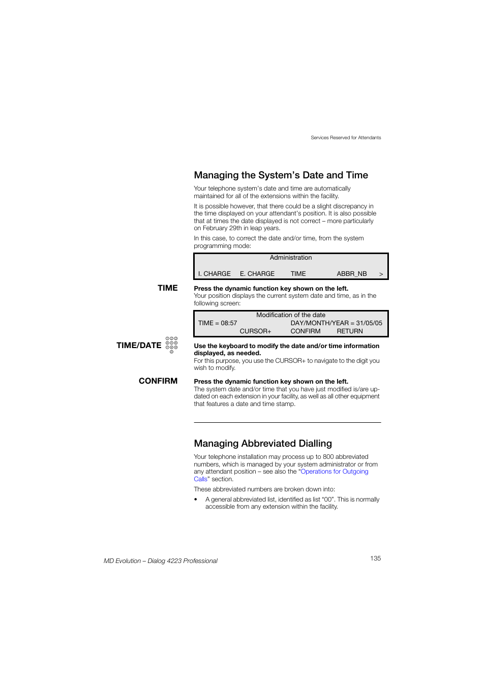 Managing the system’s date and time, Managing abbreviated dialling | AASTRA 4223 Professional for MD Evolution User Guide User Manual | Page 135 / 165