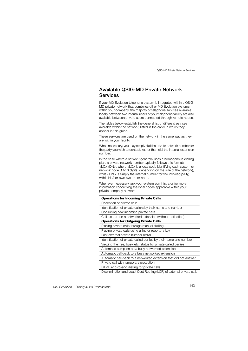 Available qsig-md private network services | AASTRA 4223 Professional for MD Evolution User Guide User Manual | Page 143 / 165