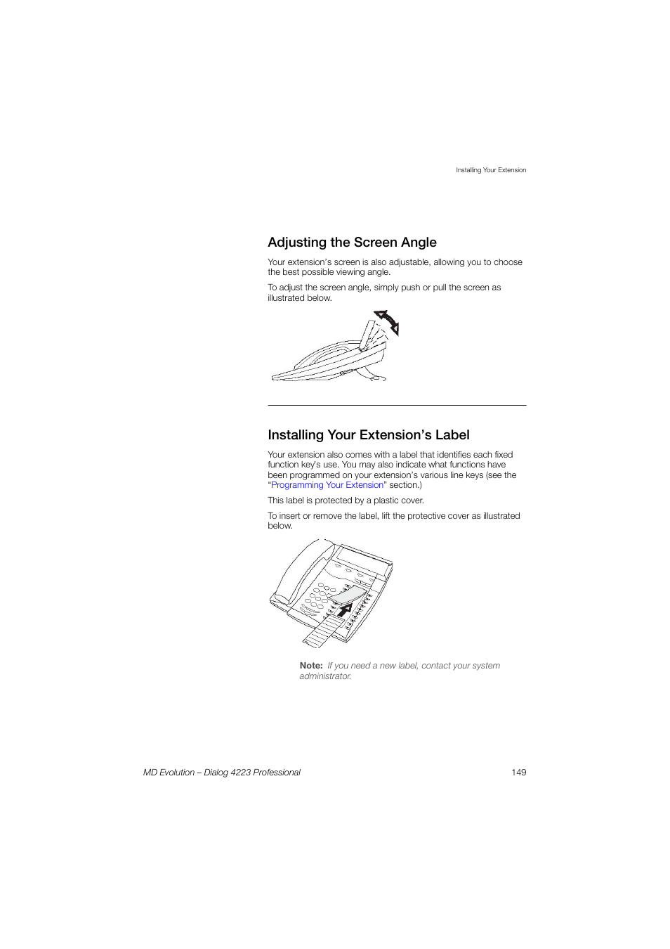 Adjusting the screen angle, Installing your extension’s label | AASTRA 4223 Professional for MD Evolution User Guide User Manual | Page 148 / 165