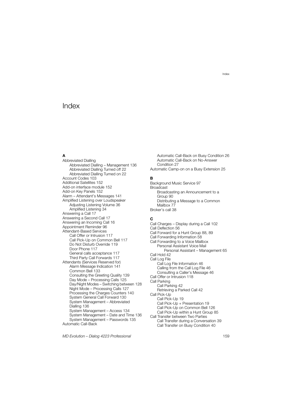 Index | AASTRA 4223 Professional for MD Evolution User Guide User Manual | Page 158 / 165