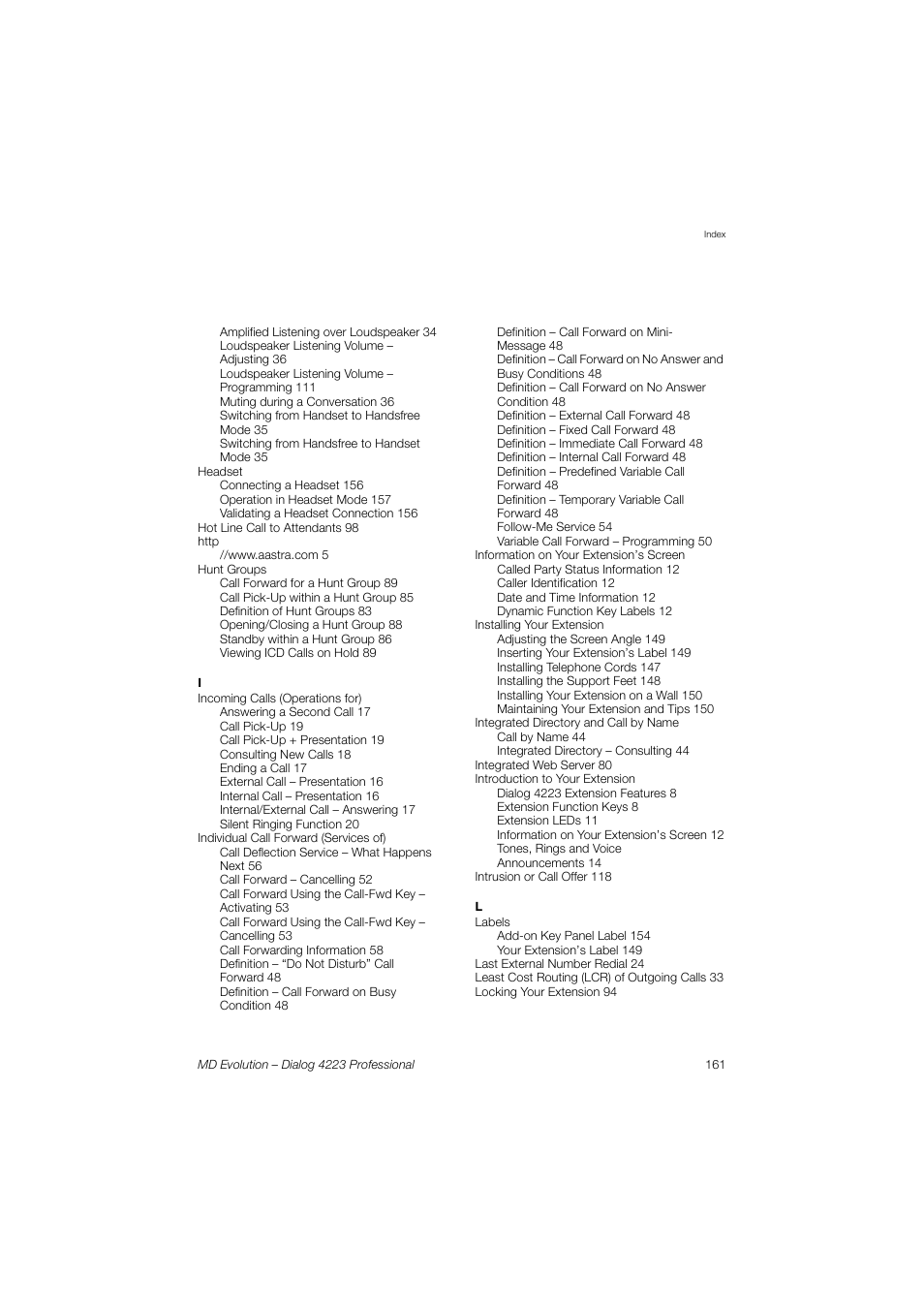 AASTRA 4223 Professional for MD Evolution User Guide User Manual | Page 160 / 165