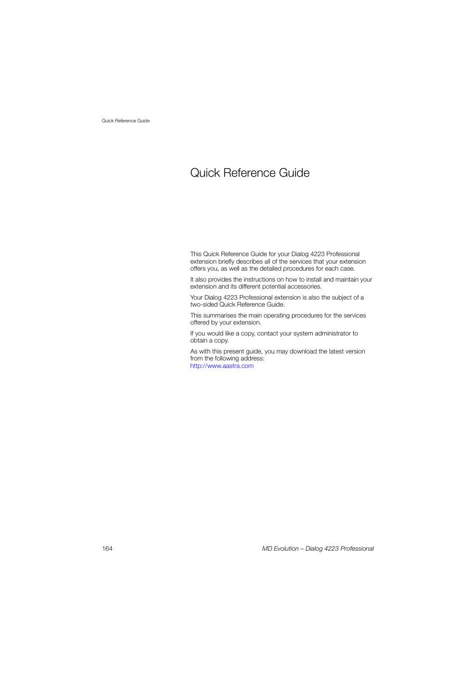 Quick reference guide | AASTRA 4223 Professional for MD Evolution User Guide User Manual | Page 163 / 165