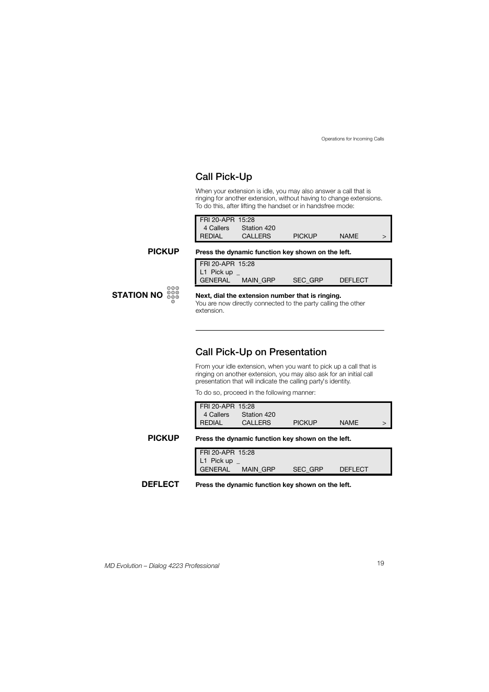 Call pick-up, Call pick-up on presentation | AASTRA 4223 Professional for MD Evolution User Guide User Manual | Page 19 / 165