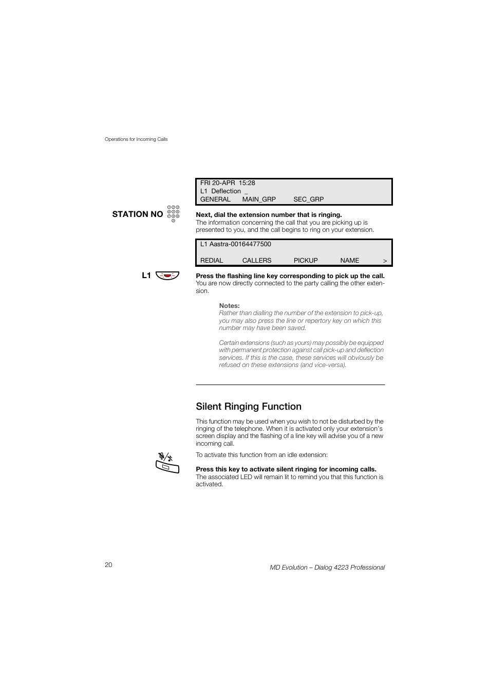 Silent ringing function | AASTRA 4223 Professional for MD Evolution User Guide User Manual | Page 20 / 165