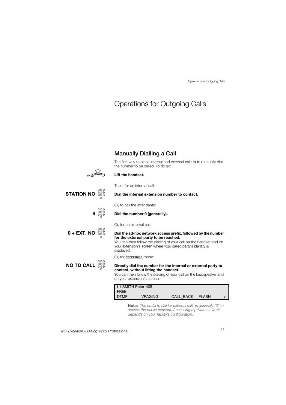 Operations for outgoing calls, Operations for, Outgoing calls | AASTRA 4223 Professional for MD Evolution User Guide User Manual | Page 21 / 165