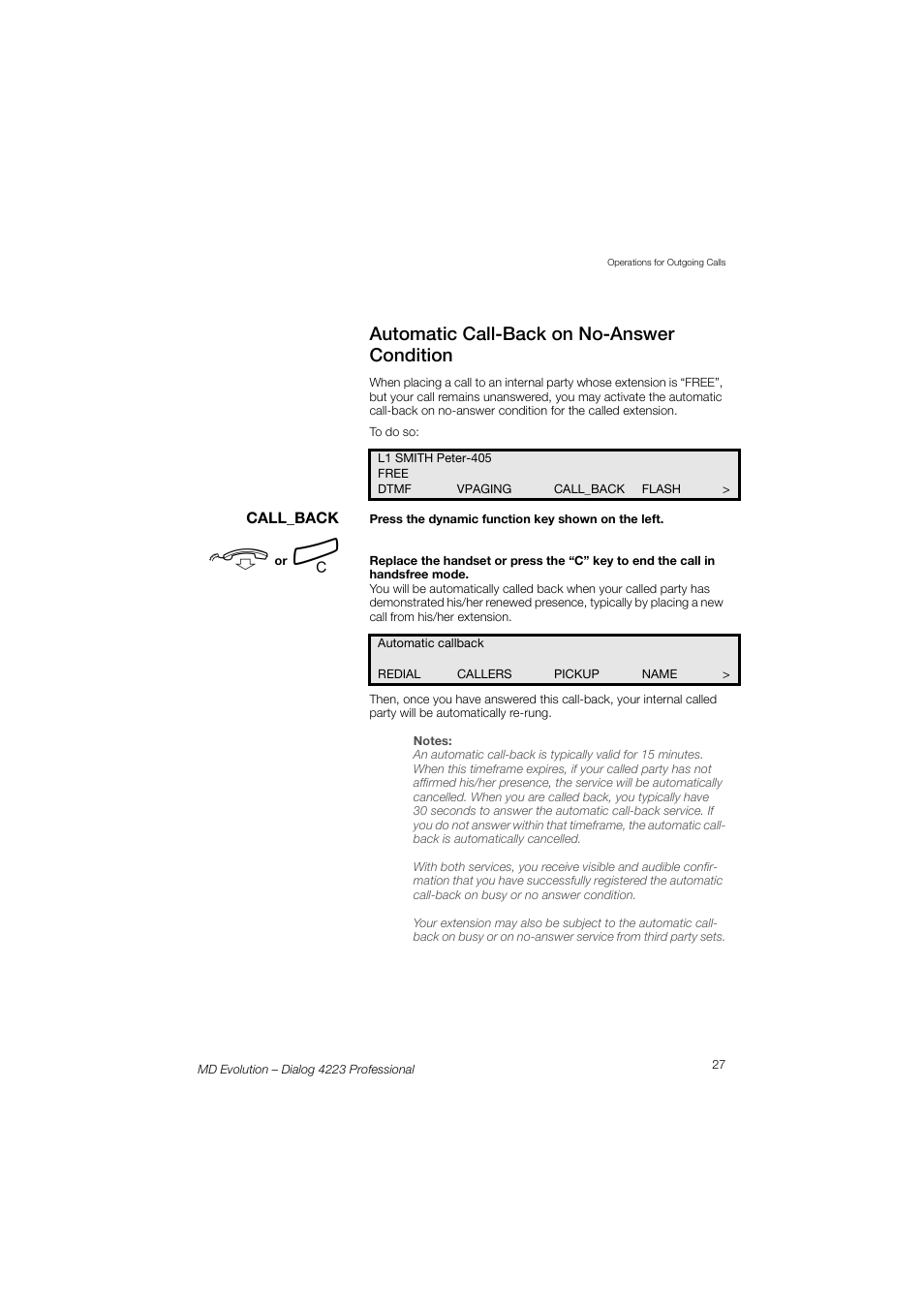 Automatic call-back on no-answer condition | AASTRA 4223 Professional for MD Evolution User Guide User Manual | Page 27 / 165