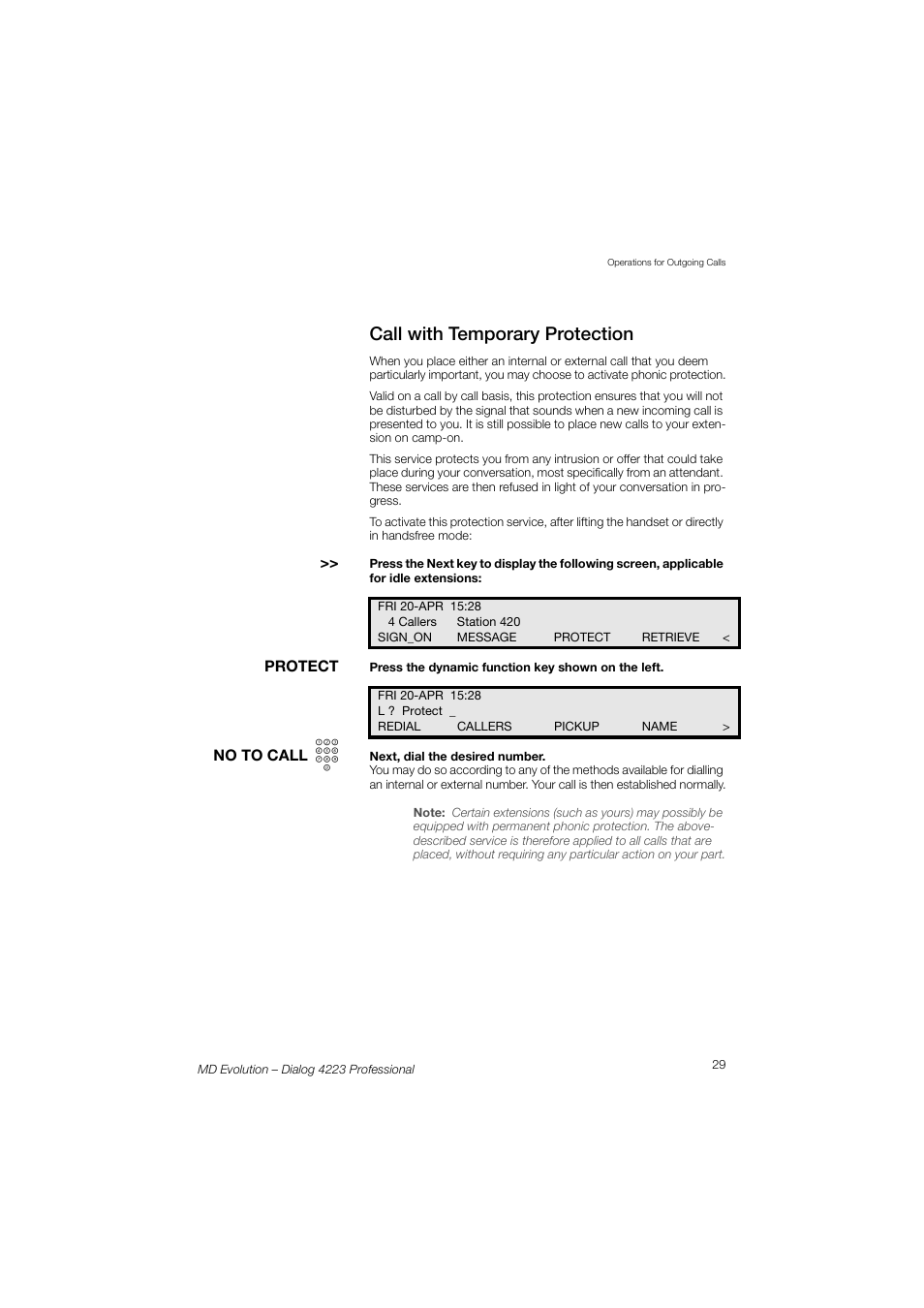 Call with temporary protection | AASTRA 4223 Professional for MD Evolution User Guide User Manual | Page 29 / 165