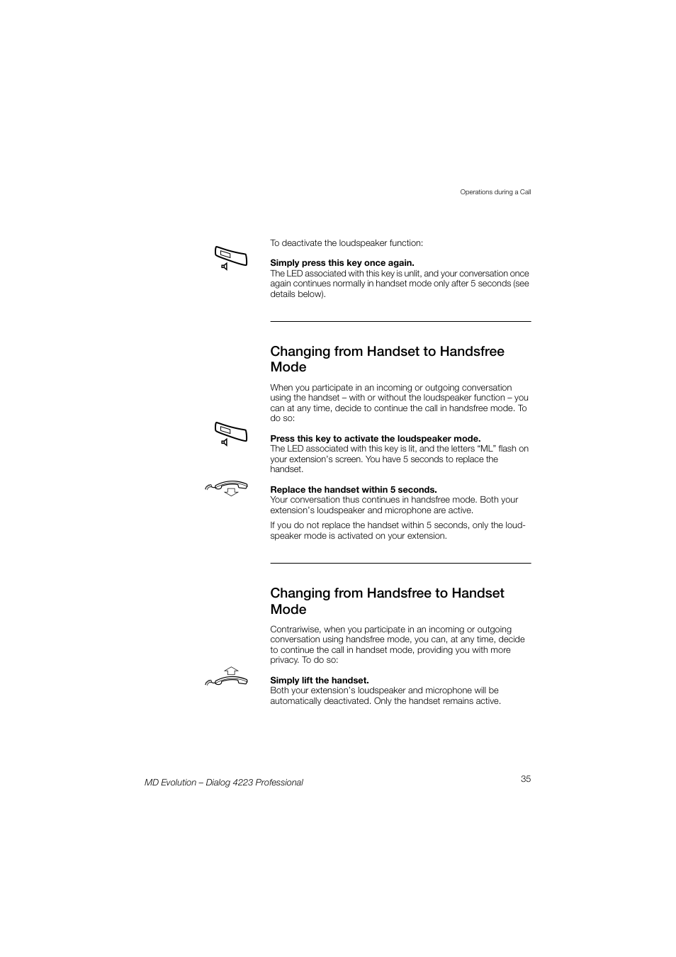 Changing from handset to handsfree mode, Changing from handsfree to handset mode | AASTRA 4223 Professional for MD Evolution User Guide User Manual | Page 35 / 165
