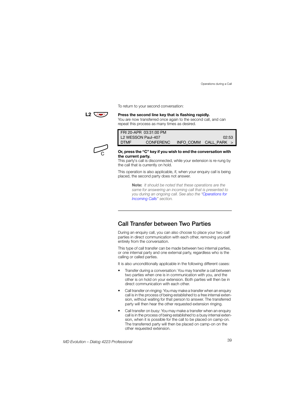 Call transfer between two parties | AASTRA 4223 Professional for MD Evolution User Guide User Manual | Page 39 / 165