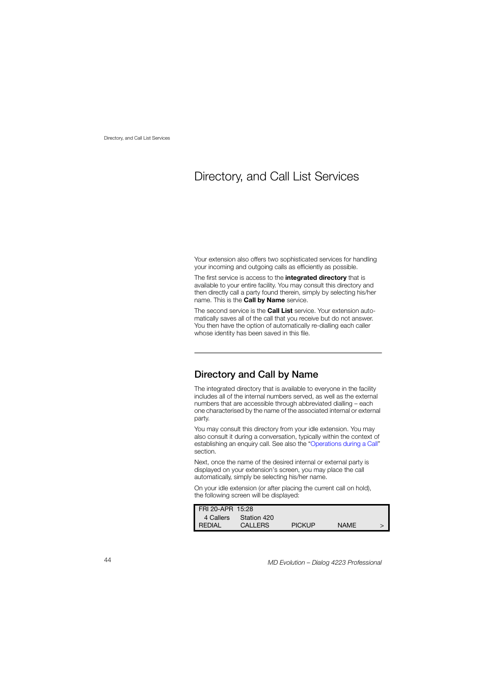 Directory, and call list services, Directory and call by name | AASTRA 4223 Professional for MD Evolution User Guide User Manual | Page 44 / 165