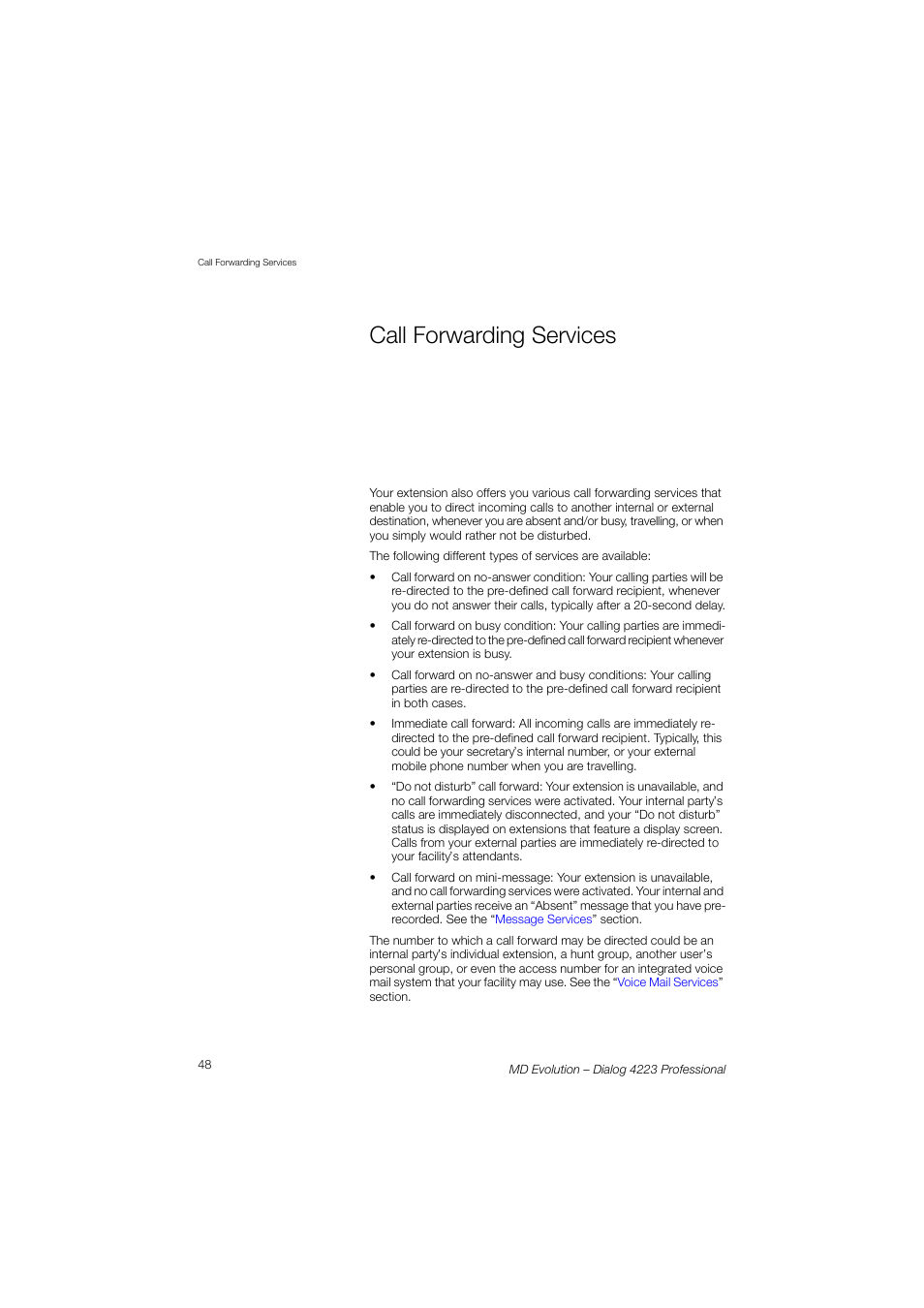 Call forwarding services, Call forwardi | AASTRA 4223 Professional for MD Evolution User Guide User Manual | Page 48 / 165