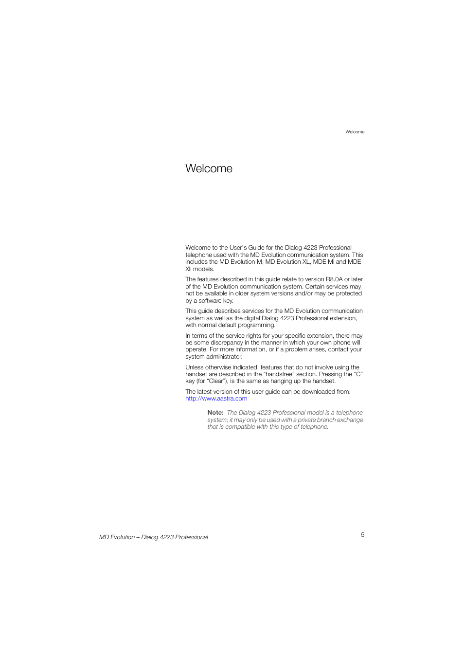 Welcome | AASTRA 4223 Professional for MD Evolution User Guide User Manual | Page 5 / 165