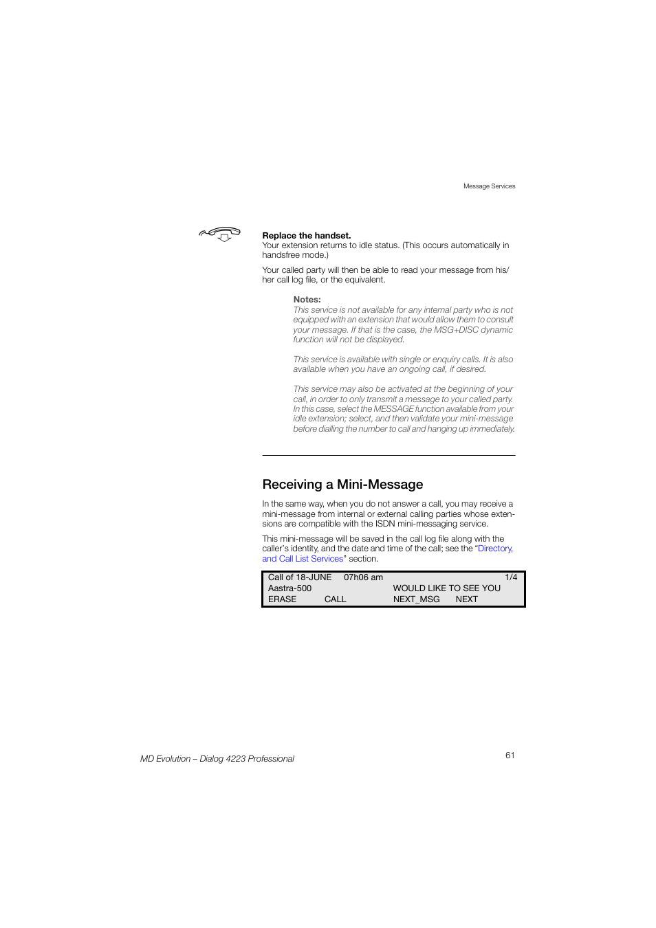 Receiving a mini-message | AASTRA 4223 Professional for MD Evolution User Guide User Manual | Page 61 / 165