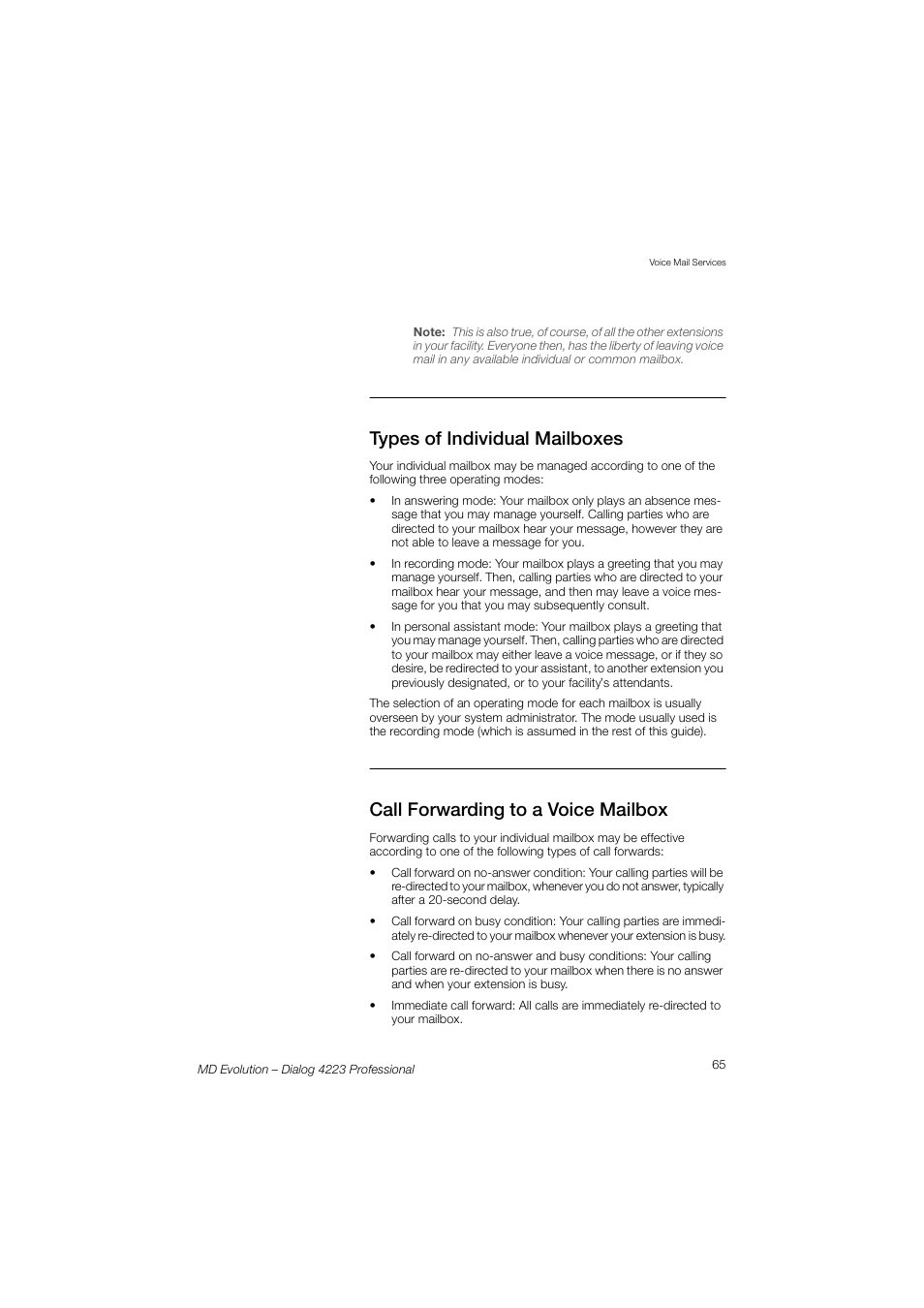 Types of individual mailboxes, Call forwarding to a voice mailbox | AASTRA 4223 Professional for MD Evolution User Guide User Manual | Page 65 / 165