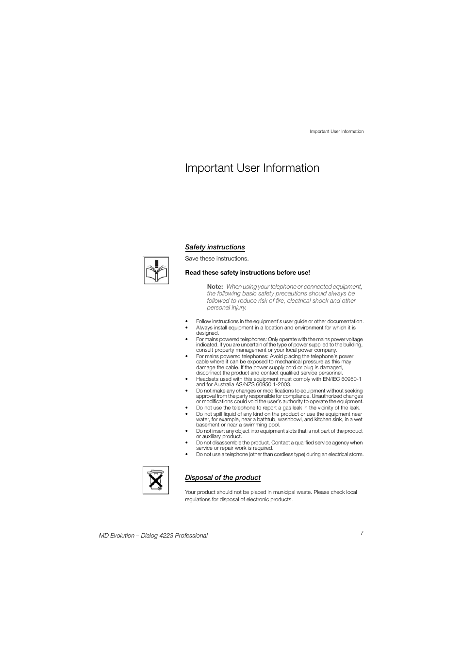 Important user information | AASTRA 4223 Professional for MD Evolution User Guide User Manual | Page 7 / 165