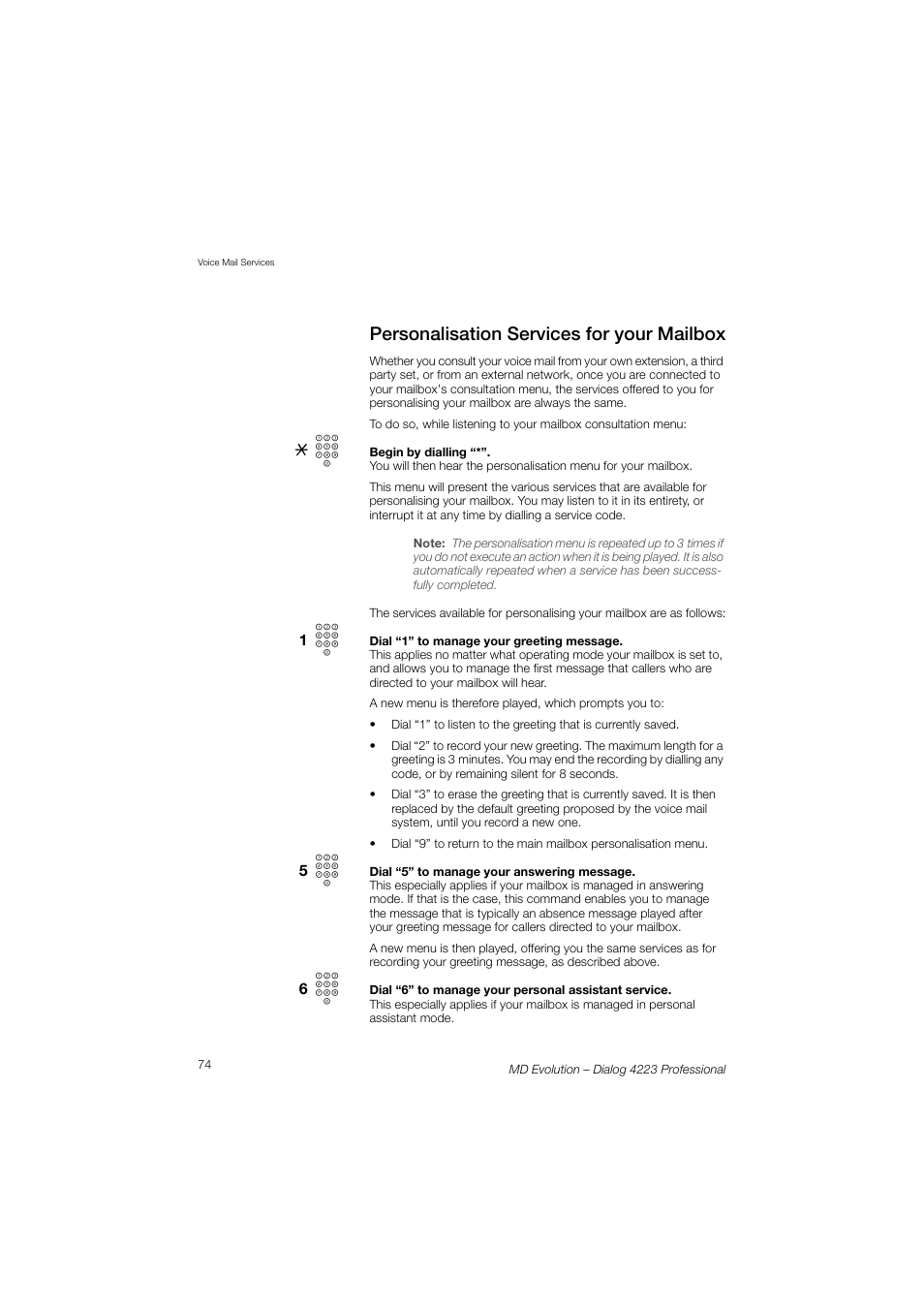 Personalisation services for your mailbox | AASTRA 4223 Professional for MD Evolution User Guide User Manual | Page 74 / 165