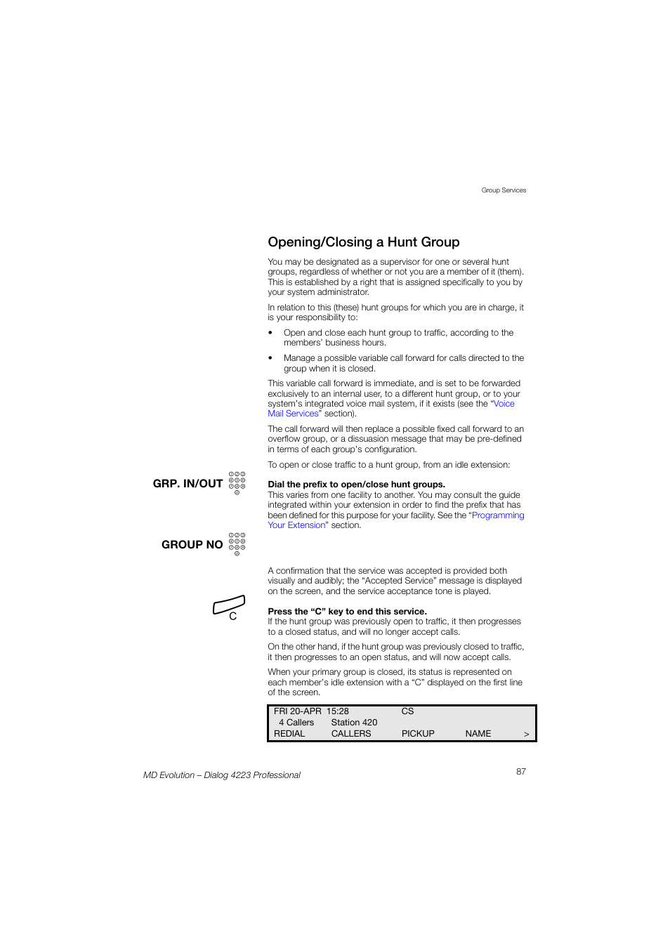 Opening/closing a hunt group | AASTRA 4223 Professional for MD Evolution User Guide User Manual | Page 87 / 165