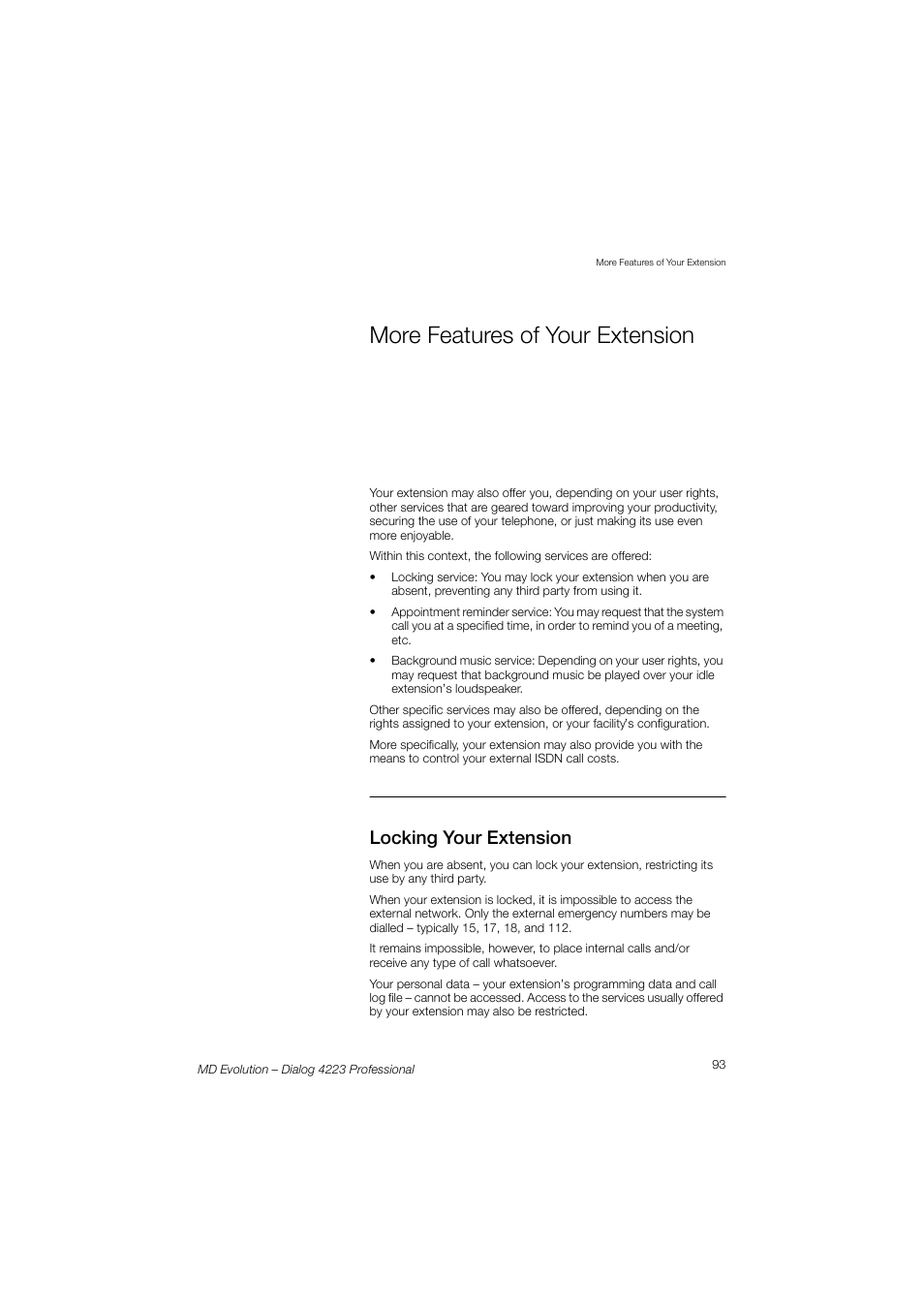 More features of your extension, More features of, Your extension | Locking your extension | AASTRA 4223 Professional for MD Evolution User Guide User Manual | Page 93 / 165