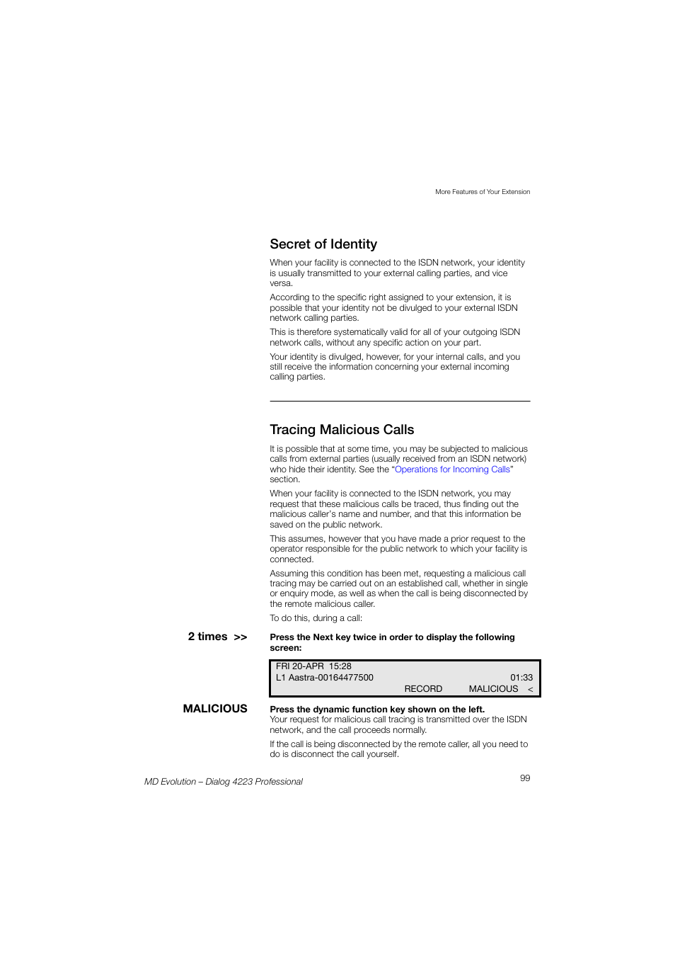 Secret of identity, Tracing malicious calls | AASTRA 4223 Professional for MD Evolution User Guide User Manual | Page 99 / 165