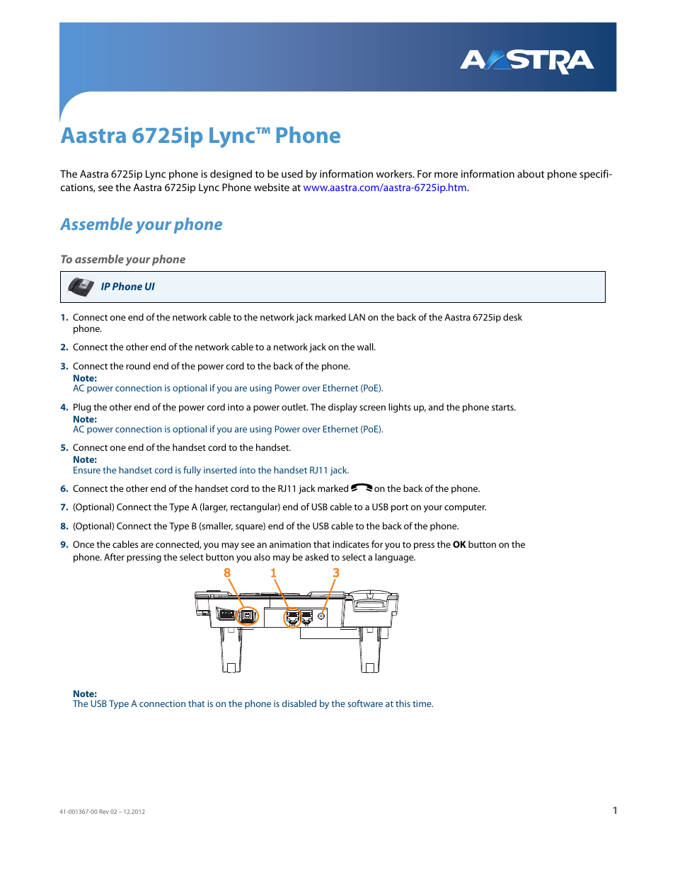 Aastra 6725ip lync™ phone, Assemble your phone, To assemble your phone | AASTRA 6725ip Quick Start Guide EN User Manual | Page 3 / 9