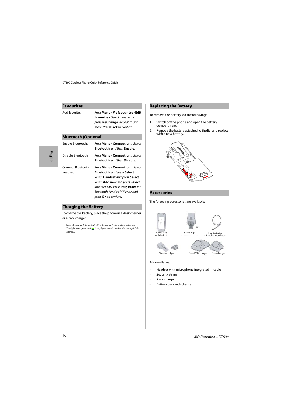 Favourites, Bluetooth (optional), Charging the battery | Replacing the battery, Accessories | AASTRA DT690 for MD Evolution Quick Reference Guide User Manual | Page 16 / 80
