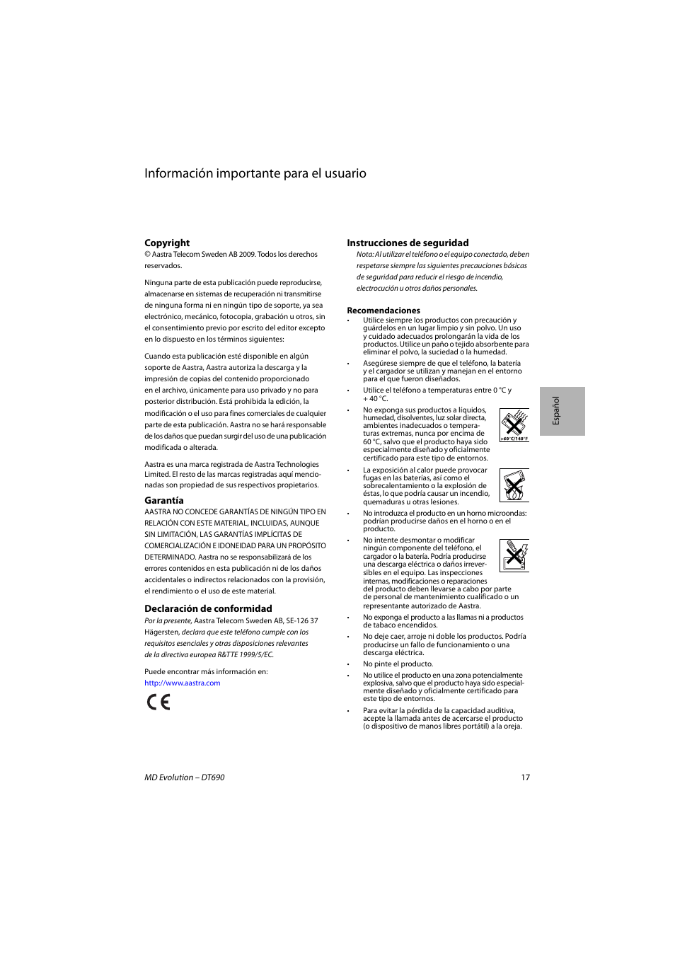 Español, Información importante para el usuario | AASTRA DT690 for MD Evolution Quick Reference Guide User Manual | Page 17 / 80