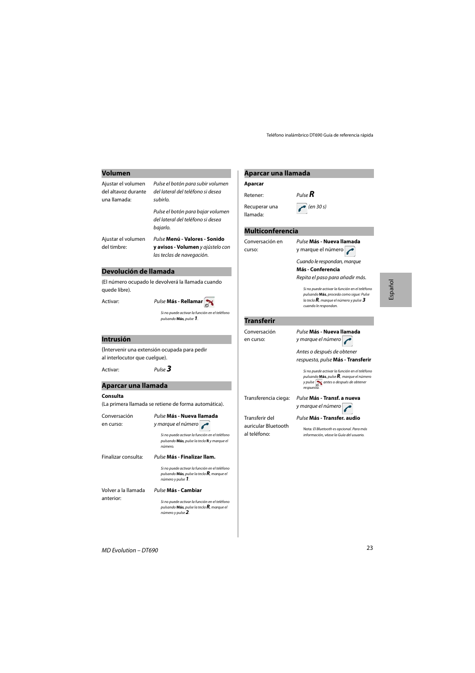 Volumen, Devolución de llamada, Intrusión | Aparcar una llamada, Multiconferencia, Transferir | AASTRA DT690 for MD Evolution Quick Reference Guide User Manual | Page 23 / 80