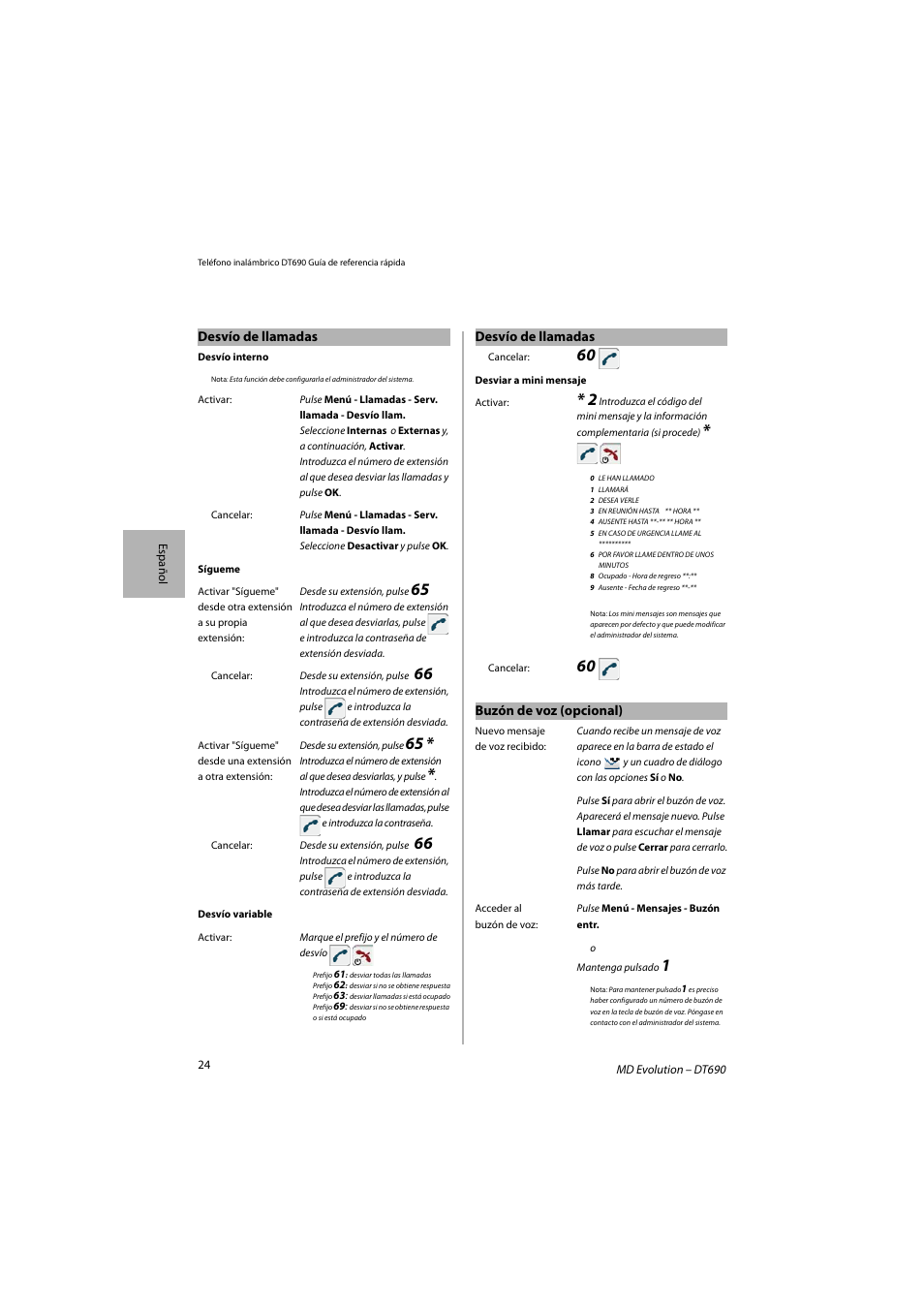 Desvío de llamadas, Buzón de voz (opcional) | AASTRA DT690 for MD Evolution Quick Reference Guide User Manual | Page 24 / 80