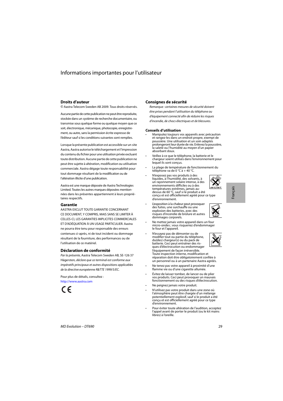 Français, Informations importantes pour l’utilisateur | AASTRA DT690 for MD Evolution Quick Reference Guide User Manual | Page 29 / 80