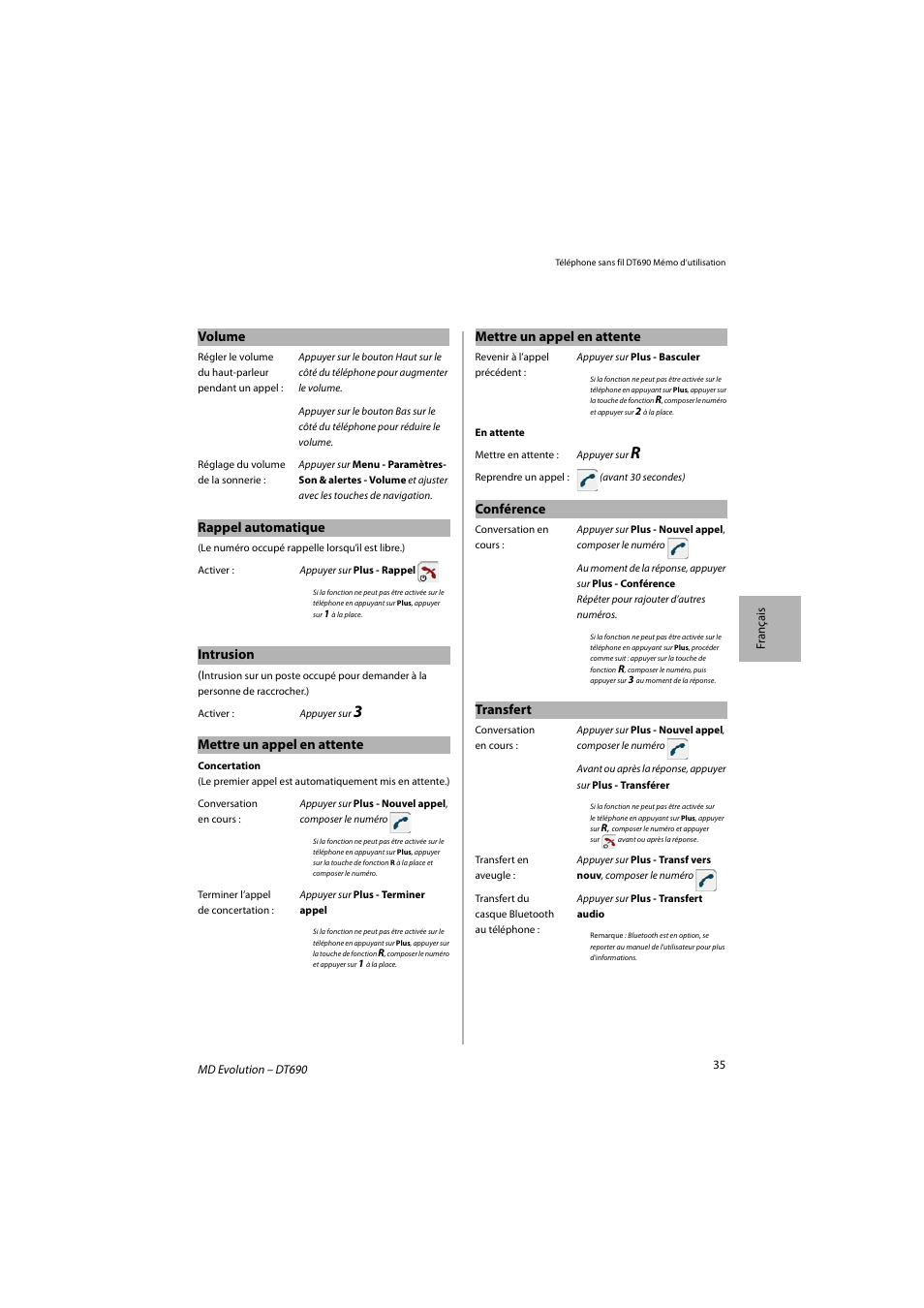 Volume, Rappel automatique, Intrusion | Mettre un appel en attente, Conférence, Transfert | AASTRA DT690 for MD Evolution Quick Reference Guide User Manual | Page 35 / 80