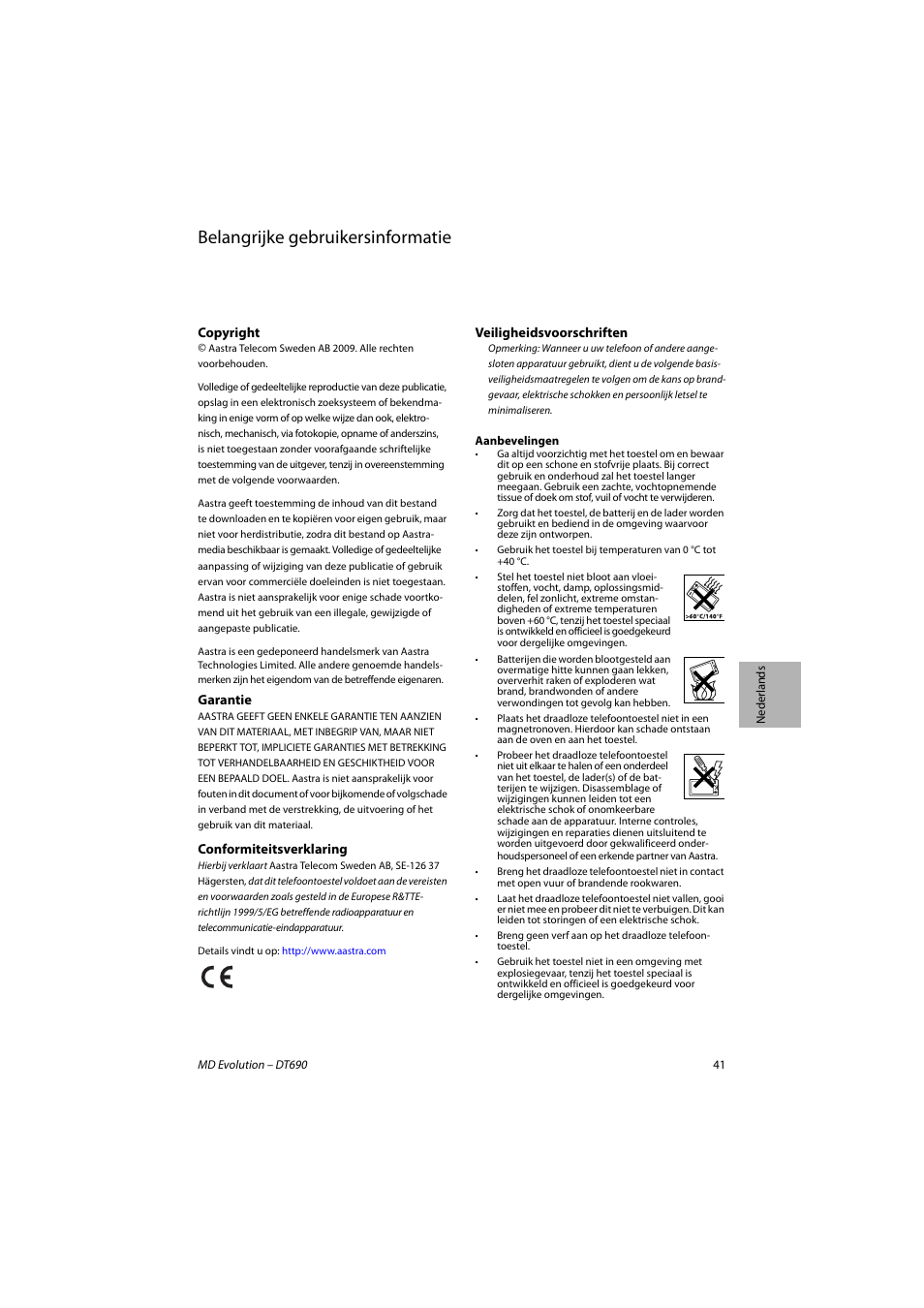 Nederlands, Belangrijke gebruikersinformatie | AASTRA DT690 for MD Evolution Quick Reference Guide User Manual | Page 41 / 80