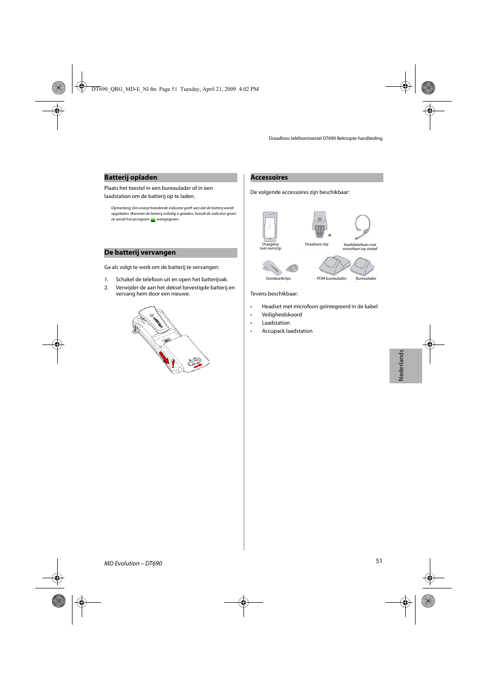 Batterij opladen, De batterij vervangen, Accessoires | AASTRA DT690 for MD Evolution Quick Reference Guide User Manual | Page 51 / 80