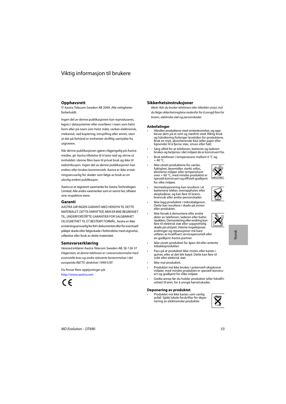 Norsk, Viktig informasjon til brukere | AASTRA DT690 for MD Evolution Quick Reference Guide User Manual | Page 53 / 80