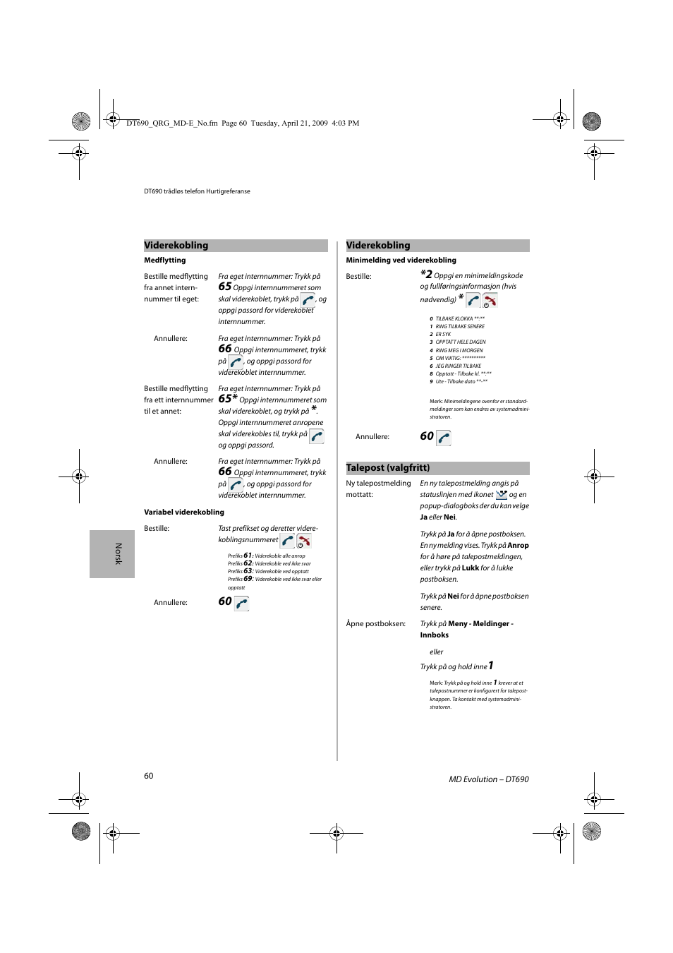 Viderekobling, Talepost (valgfritt) | AASTRA DT690 for MD Evolution Quick Reference Guide User Manual | Page 60 / 80