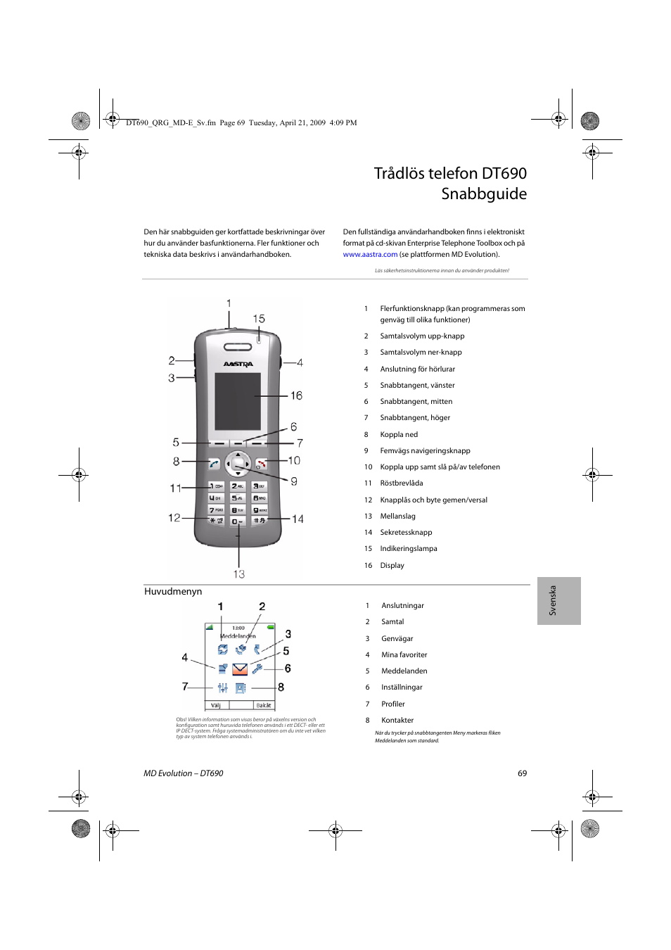 Trådlös telefon dt690 snabbguide | AASTRA DT690 for MD Evolution Quick Reference Guide User Manual | Page 69 / 80