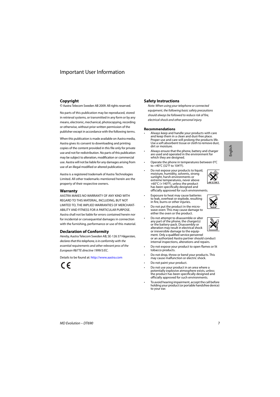 English, Important user information | AASTRA DT690 for MD Evolution Quick Reference Guide User Manual | Page 7 / 80