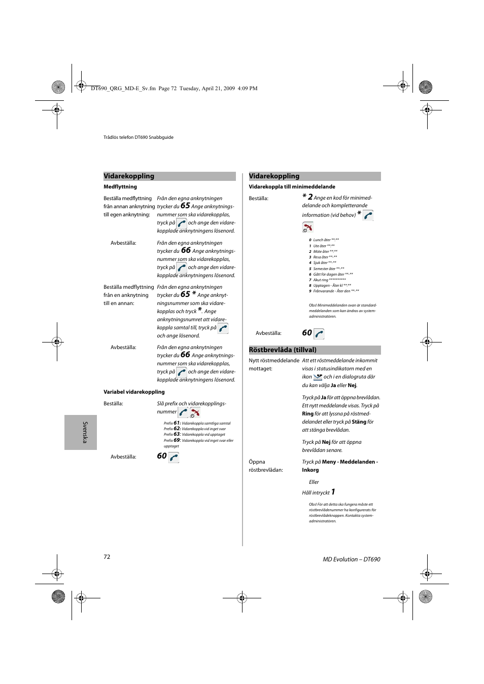 Vidarekoppling, Röstbrevlåda (tillval) | AASTRA DT690 for MD Evolution Quick Reference Guide User Manual | Page 72 / 80